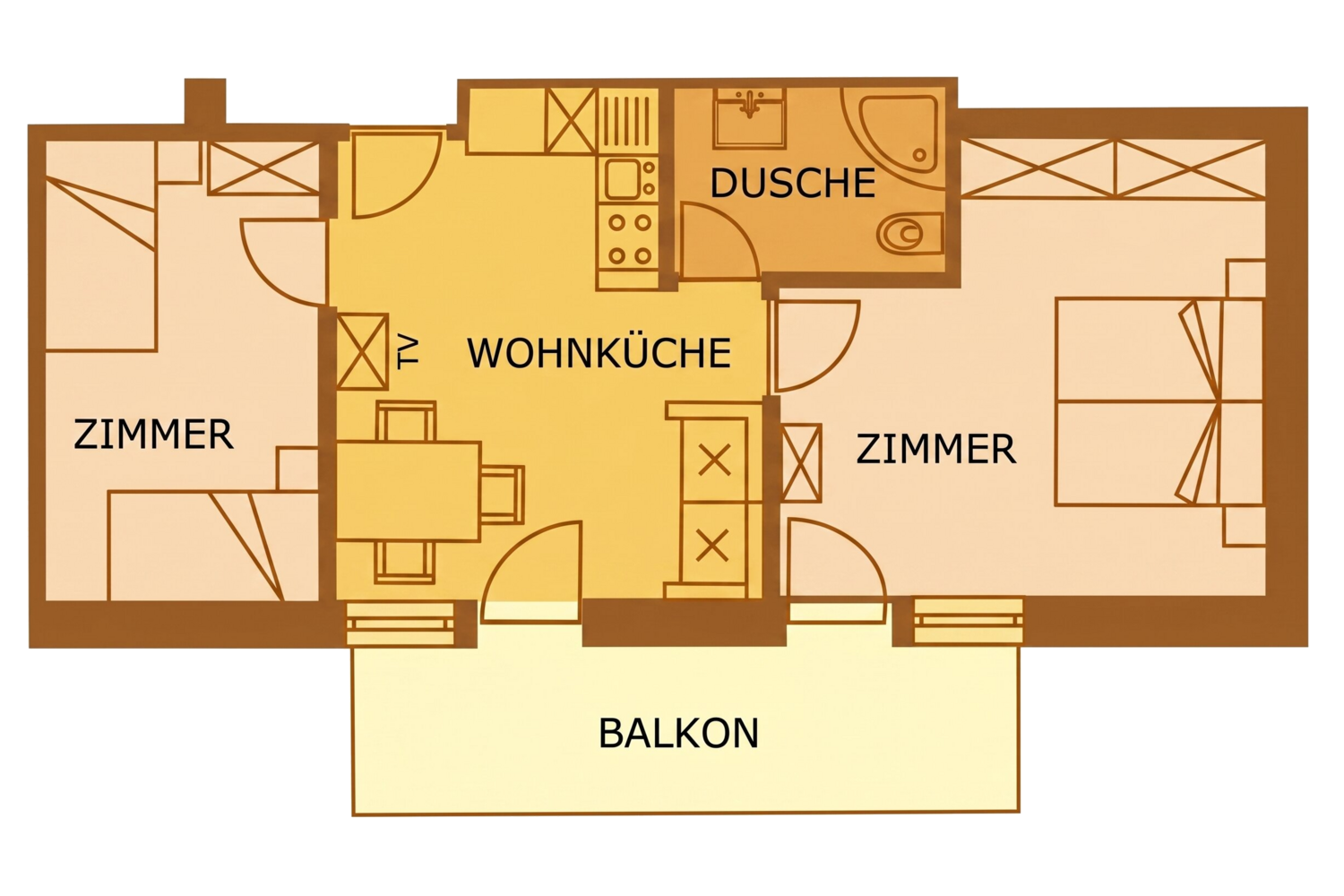 Ein schematischer Grundriss einer Ferienwohnung mit zwei Schlafzimmern, einer Wohnküche, einem Duschbad und einem vorgelagerten Balkon.