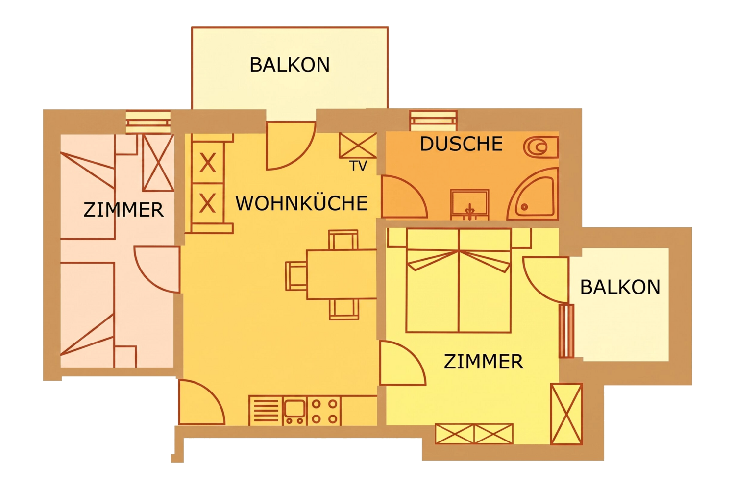 Ein schematischer Grundriss einer Wohnung mit zwei Zimmern, einer Wohnküche, einem Duschbad und zwei Balkonen.