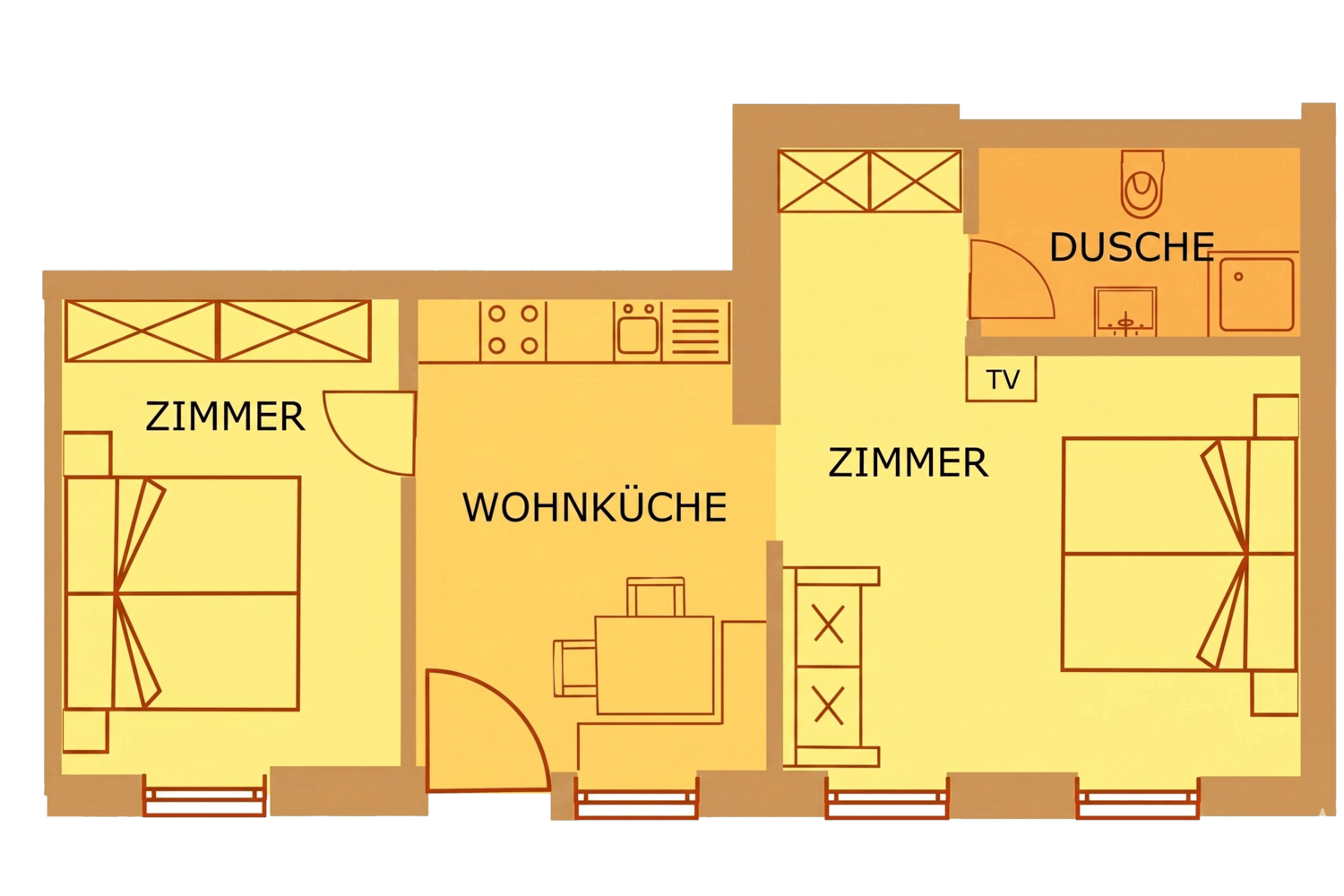 Ein zweidimensionaler Grundriss einer Ferienwohnung mit zwei Schlafzimmern, einem zentralen Wohnküchenbereich und einem Badezimmer mit Dusche.