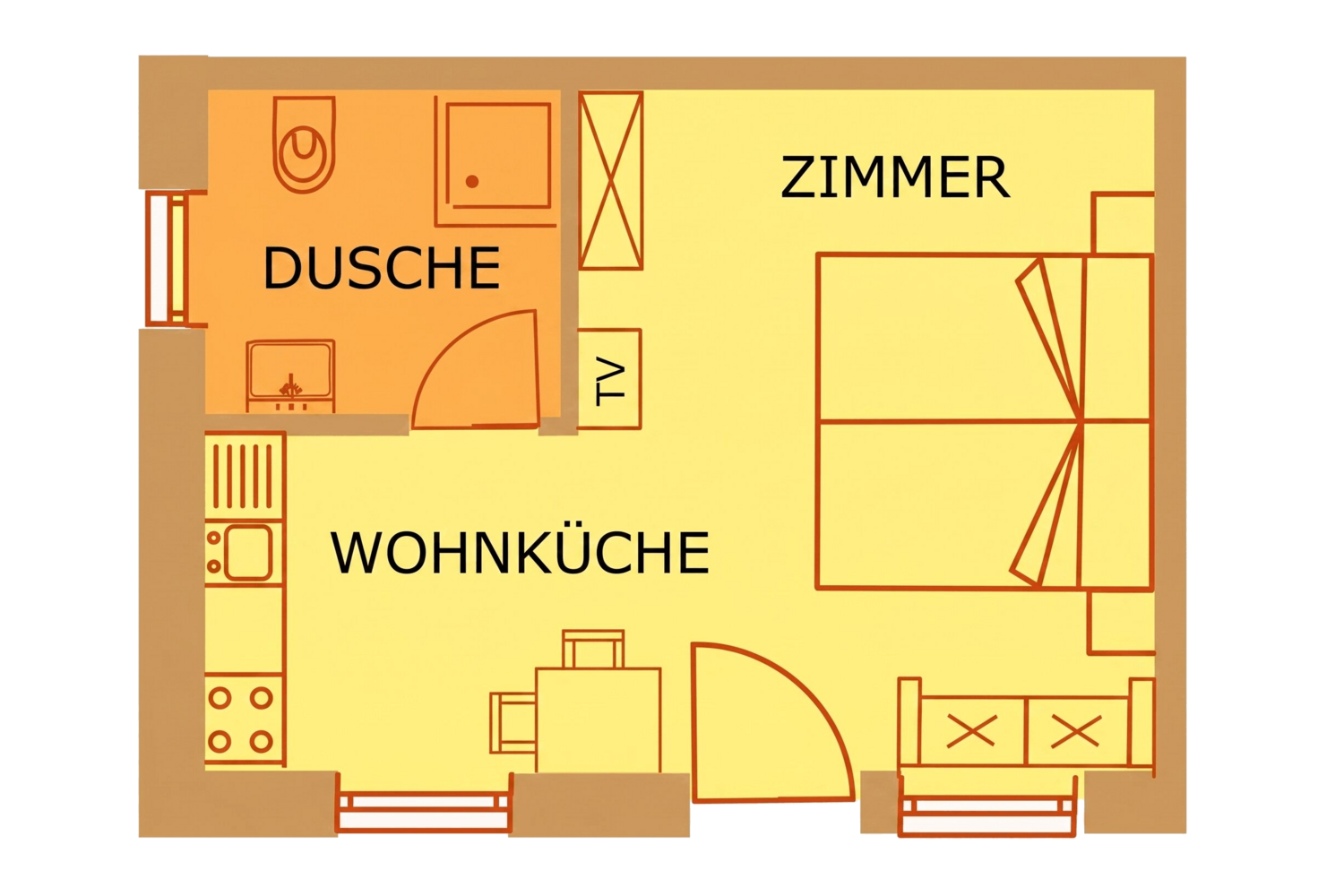 Ein schematischer Grundriss einer kleinen Wohneinheit mit einem kombinierten Wohn- und Küchenbereich, einem Schlafzimmer und einem separaten Badezimmer mit Dusche.